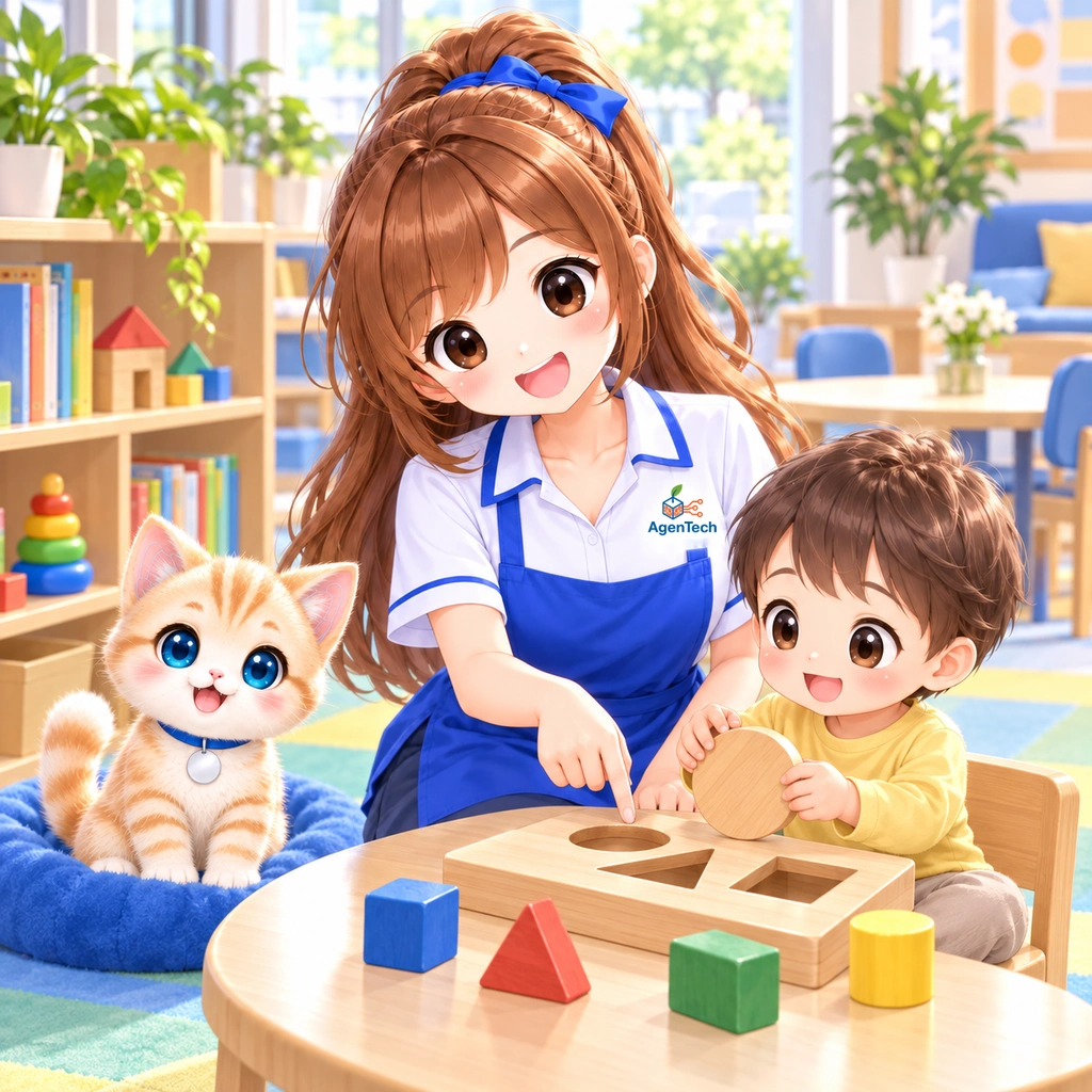 AImyが子どもに寄り添い、楽しみながら学ぶ場面。AIにゃんも一緒のイラスト